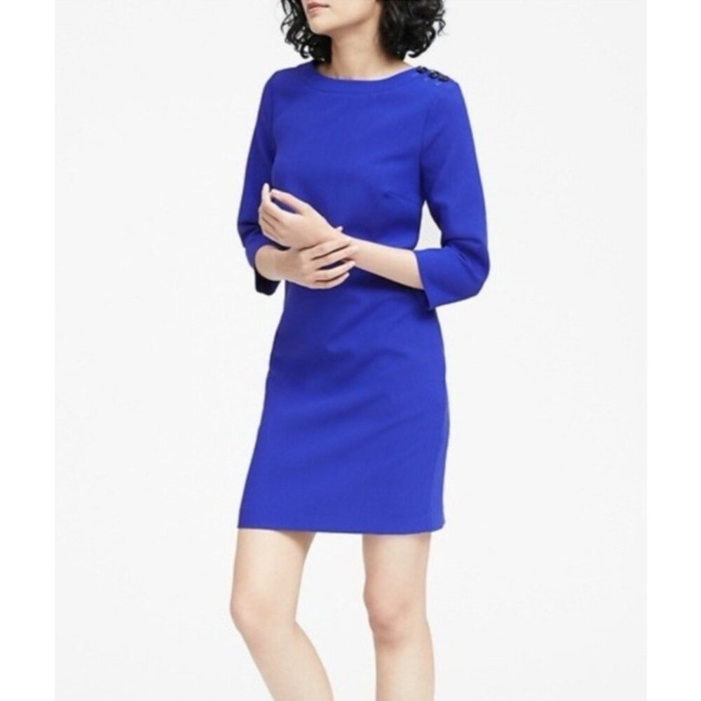 Banana Republic Dress 10 Blue 3/4 Long Button Shoulder Stretch Sleeve Sheath